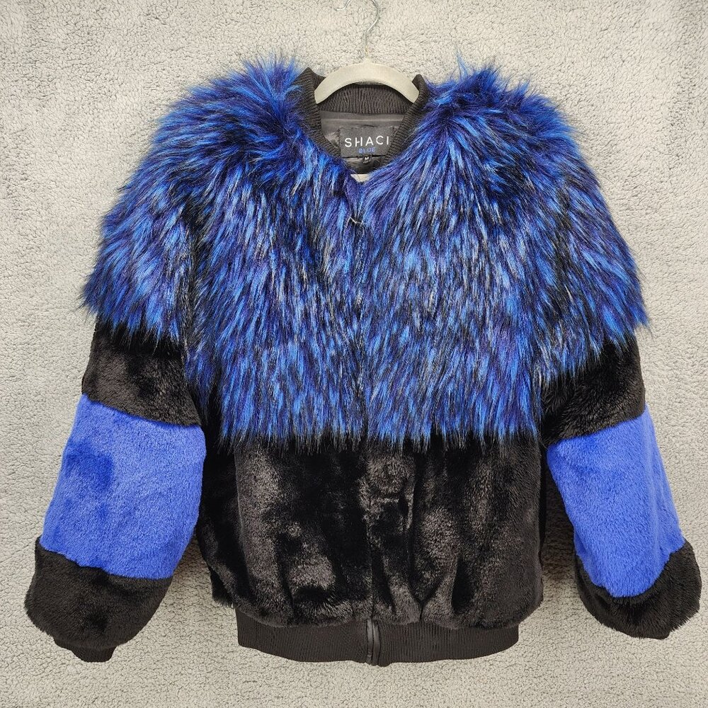 Shaci Blue Women's Size Medium Blue Black Faux Fur Monster‎ Bomber Jacket
